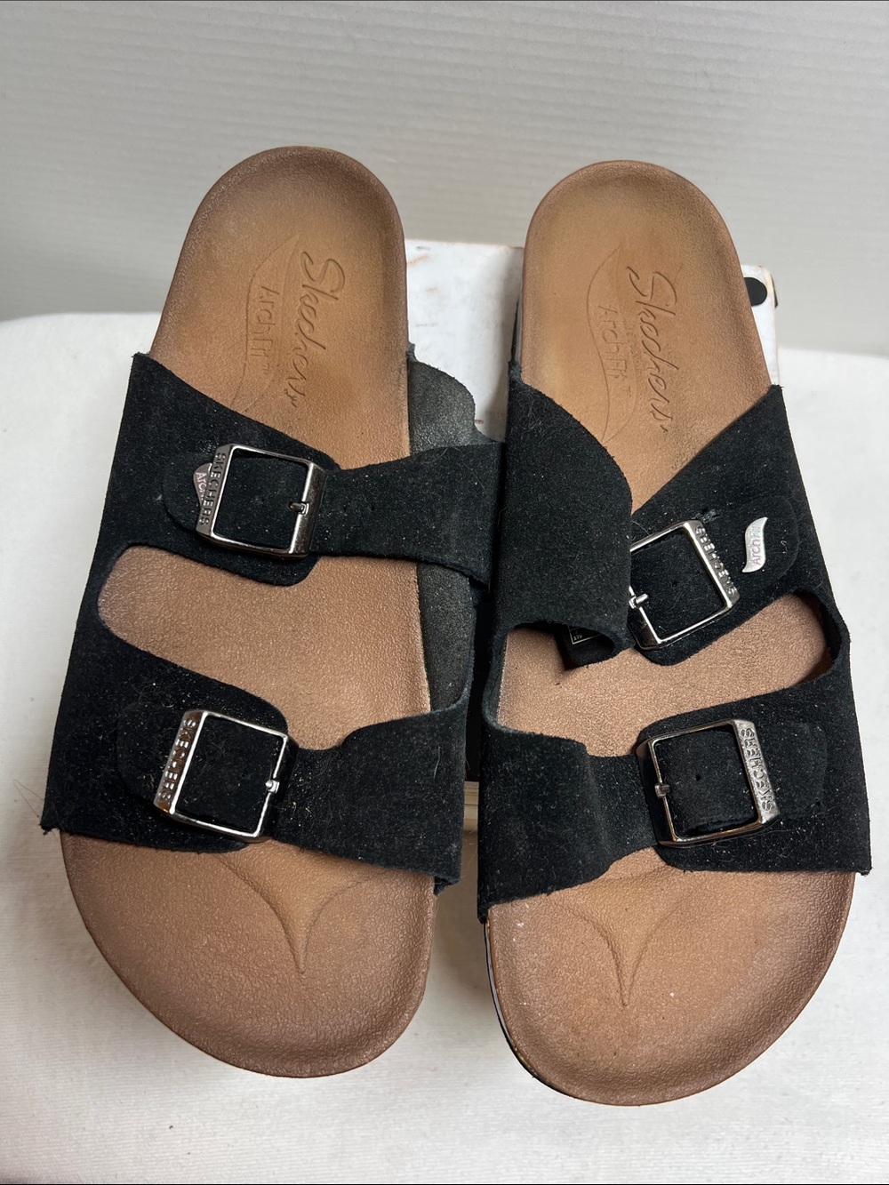 Skechers Black Suede Double Buckle Slides with Brown Footbed Archfit
